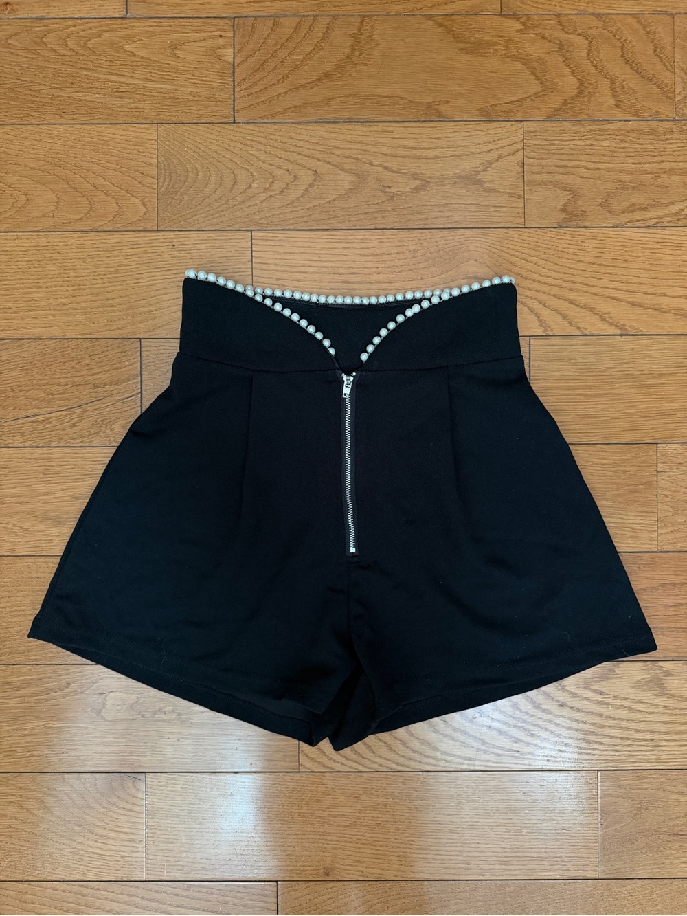 Black High-Waist Pearl-Trim Shorts